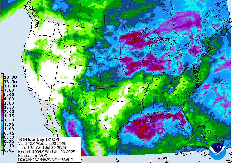 NOAA 7-Day Quantitative Precipitation Forecast (Valid July 23–30, 2025) A U.S. precipitation forecast map showing expected rainfall over 7 days. The heaviest precipitation is centered in the lower Mississippi Valley, southern Great Lakes, and Northeast, where areas are shaded in dark blue and purple indicating 2–5 inches or more. Lighter greens and yellows show lower rainfall in the West and Southwest.